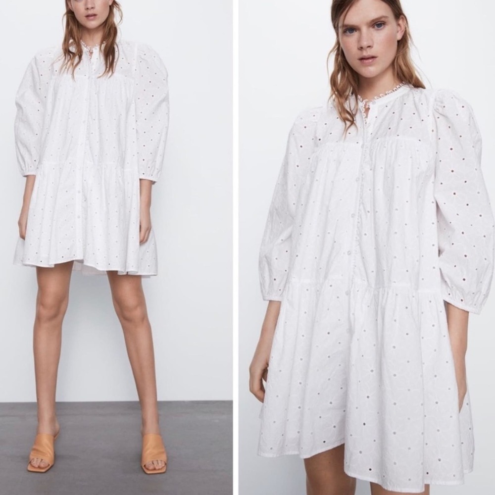 Zara White Eyelet Puff-Sleeve Mini Dress